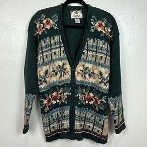 Tiara International Vintage Cotton Blend Floral Print Cardigan Sweater Size M